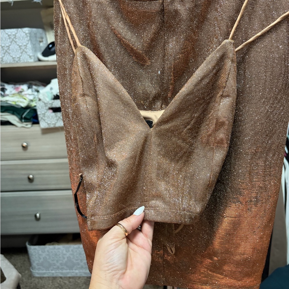 Lulu's Shimmering gold Spaghetti Strap Top and high waisted skirt.